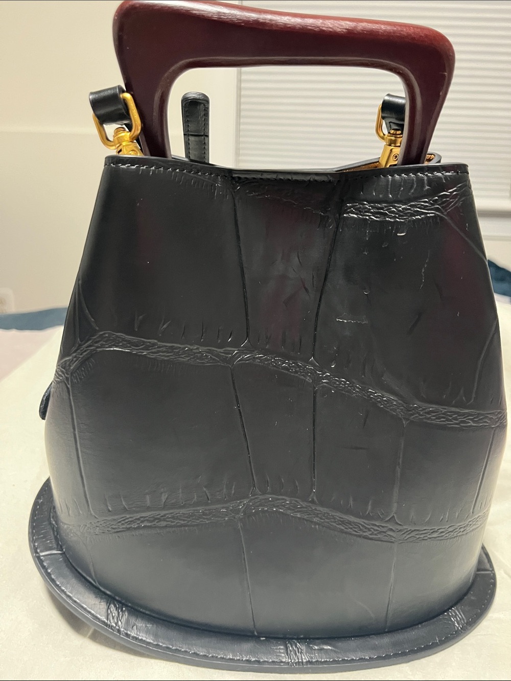 Black Structured Satchel with Wooden Top Handle